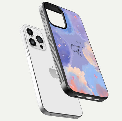 Celestial Cloud Magic Glass Case for iPhone 13 Pro Max floating mockup displaying cloud aura and HD finish