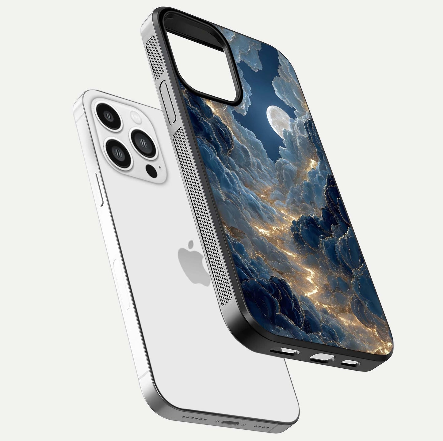 Celestial Cloud Road Glass Case for iPhone 13 Pro Max floating mockup capturing glowing horizon and HD gloss