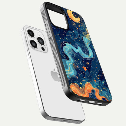 Celestial Dream Flow Glass Case for iPhone 13 Pro Max floating mockup displaying gloss shimmer and artistic composition
