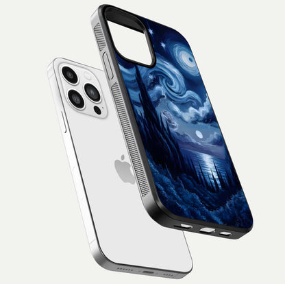 Celestial Dream Van Gogh Glass Case for iPhone 13 Pro Max floating mockup highlighting cosmic tones and smooth gloss