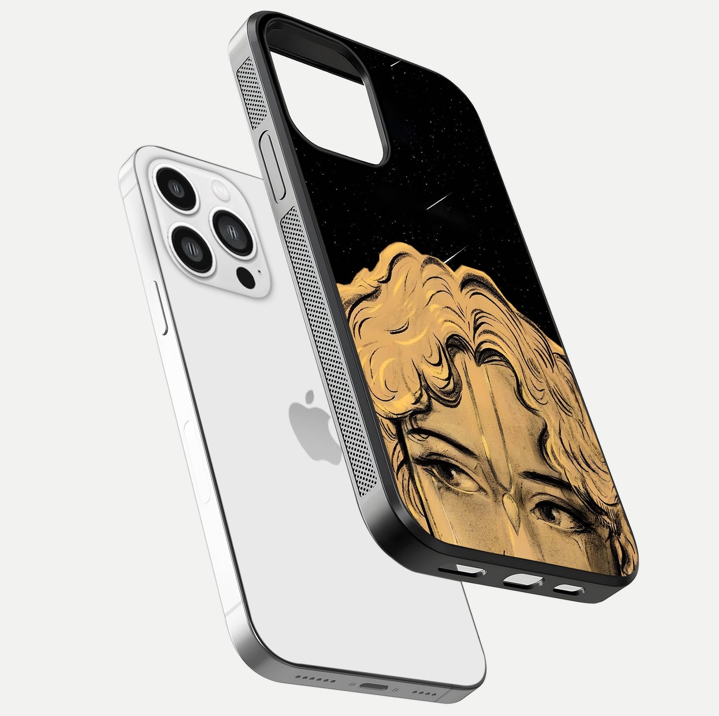 Celestial God’s Plan Glass Case for iPhone 13 Pro Max floating dual-view mockup displaying gloss surface and vivid print