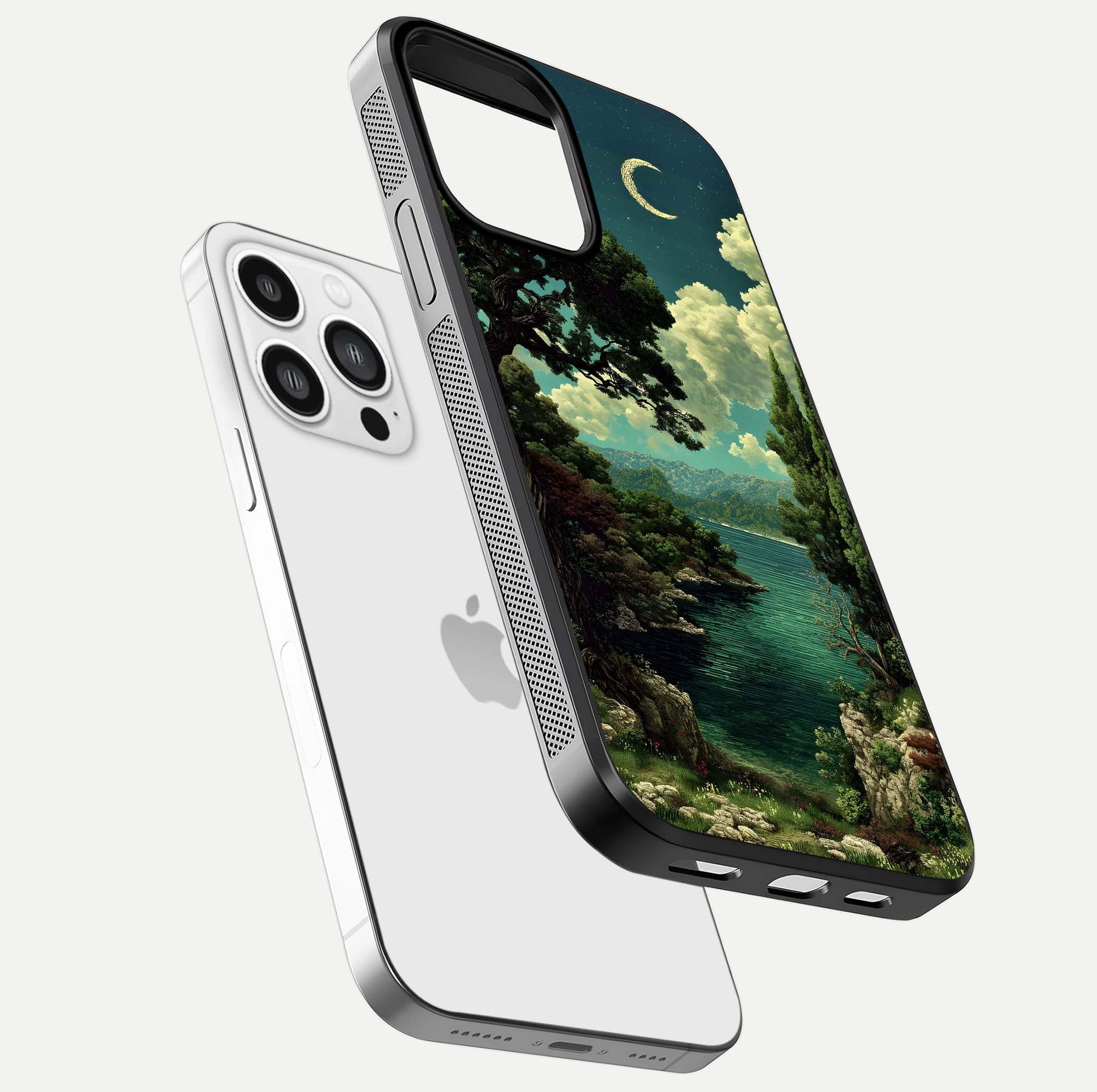 Celestial Lake Peace Glass Case for iPhone 13 Pro Max floating mockup capturing calm tones and smooth polish