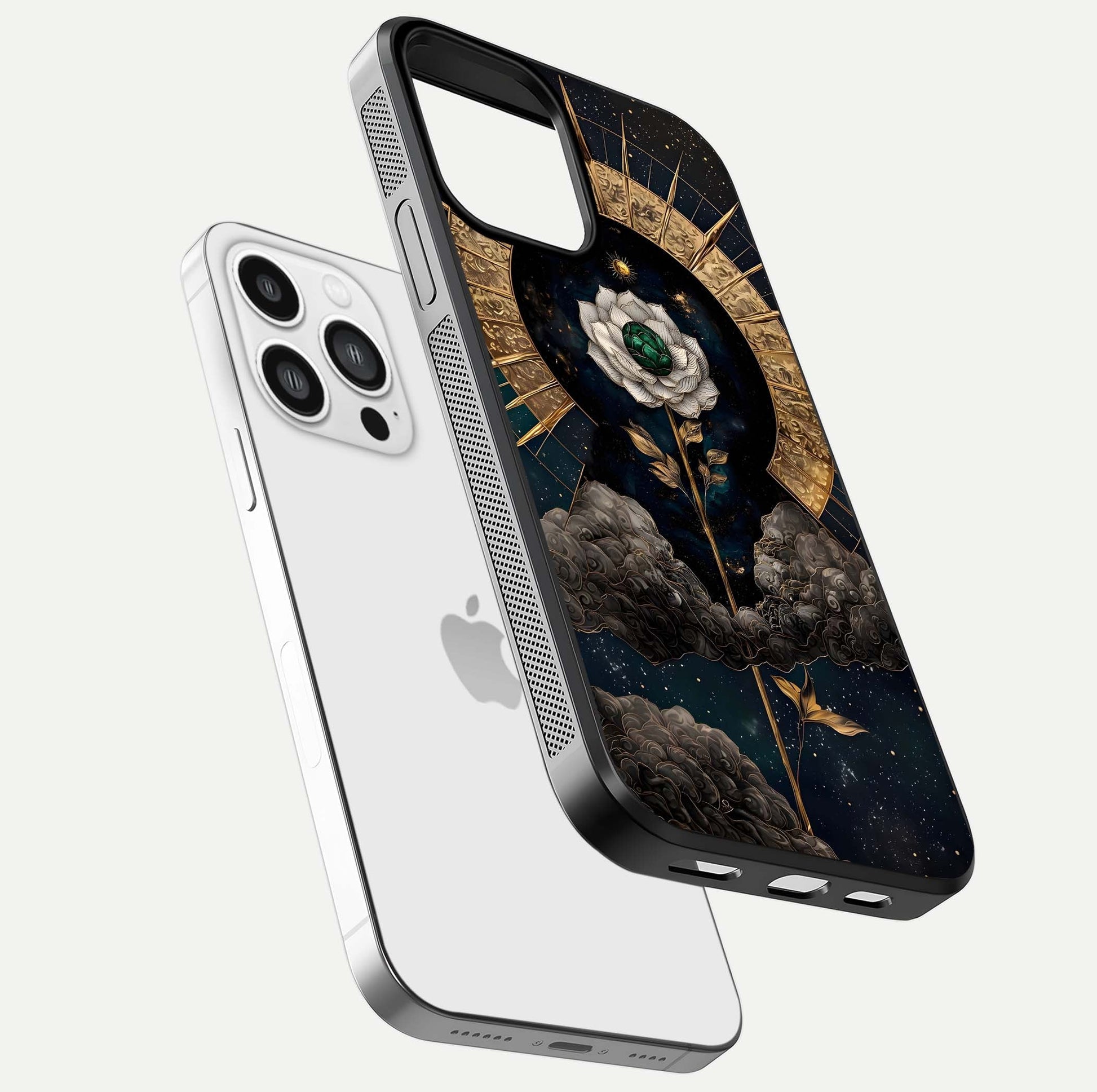 Celestial Lotus Morang Glass Case for iPhone 13 Pro Max floating mockup showing gloss depth and cosmic lotus glow