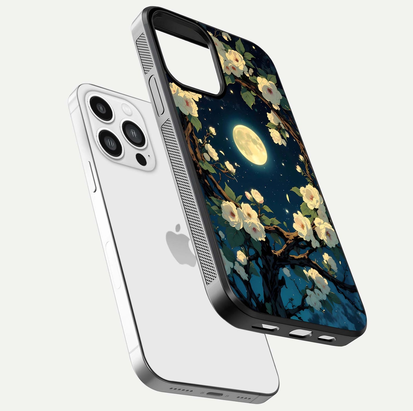 Celestial Moon & Flower Glass Case for iPhone 13 Pro Max floating mockup emphasizing HD shine and delicate texture