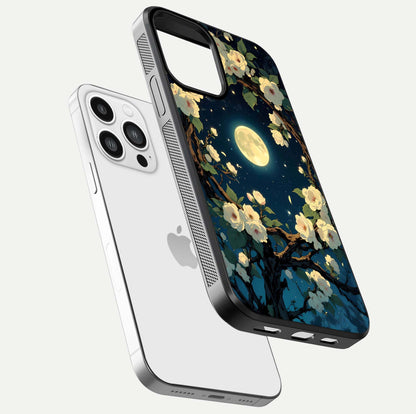 Celestial Moon & Flower Glass Case for iPhone 13 Pro Max floating mockup emphasizing HD shine and delicate texture