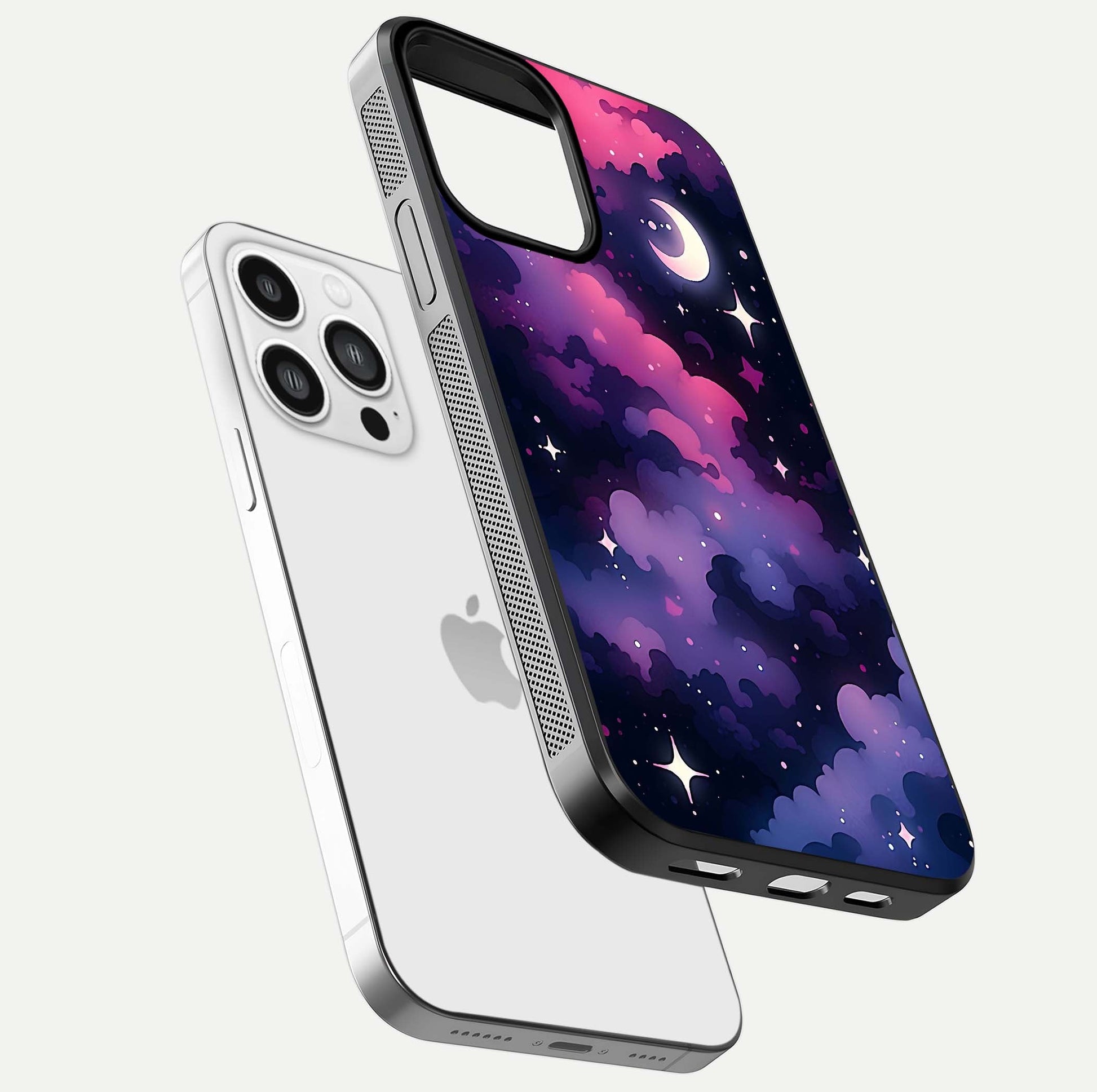 Celestial Moon Magic Glass Case for iPhone 13 Pro Max floating mockup showing reflection gradient and smooth polish