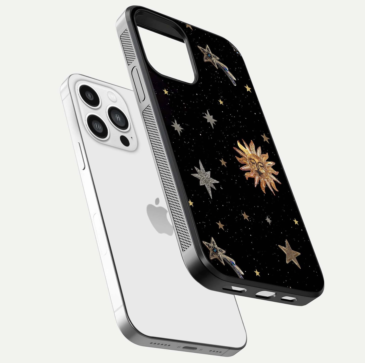 Celestial Moon With Stars Glass Case for iPhone 13 Pro Max floating mockup emphasizing star depth and gloss clarity