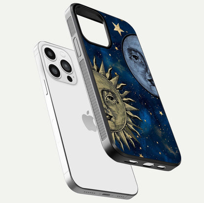 Celestial Moon With Sun Glass Case for iPhone 13 Pro Max floating mockup displaying vibrant contrast and HD gloss