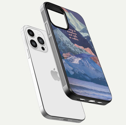 Celestial Mountain Calm Glass Case for iPhone 13 Pro Max floating mockup showing glow depth and polished edges