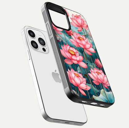 Celestial Pink Lotus Glass Case for iPhone 13 Pro Max floating mockup displaying cosmic tone and gloss surface