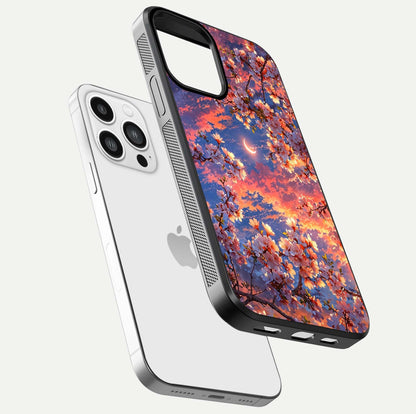Celestial Sakura Sunset Glass Case for iPhone 13 Pro Max floating mockup capturing sunset hue and smooth gloss