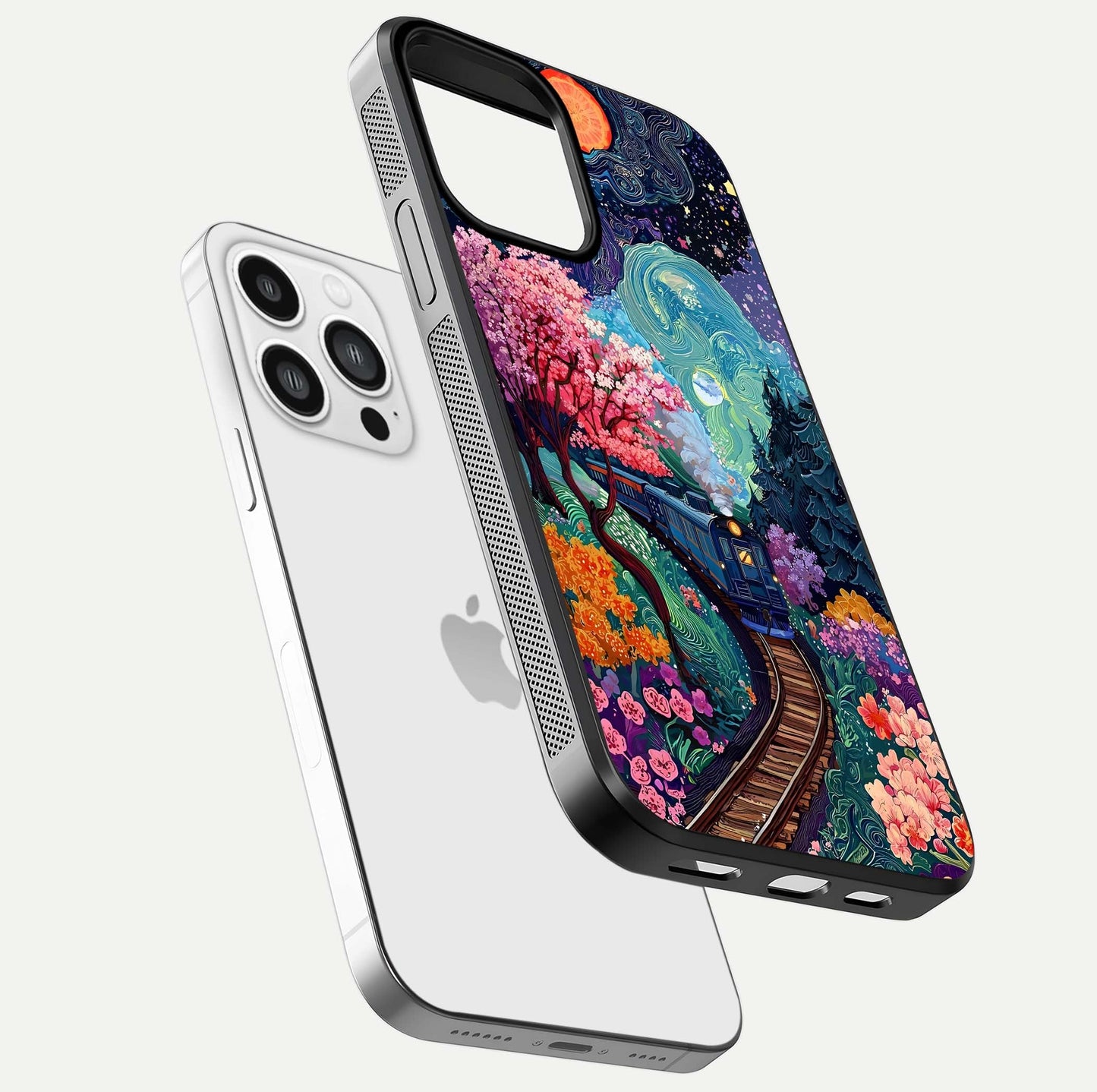 Celestial Train Journey Glass Case for iPhone 13 Pro Max floating mockup capturing gloss reflection and deep night hues