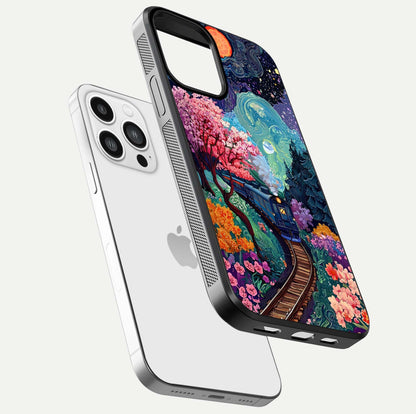 Celestial Train Journey Glass Case for iPhone 13 Pro Max floating mockup capturing gloss reflection and deep night hues