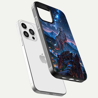 Celestial Wolf Howl Glass Case for iPhone 13 Pro Max floating mockup capturing reflection depth and silver gloss