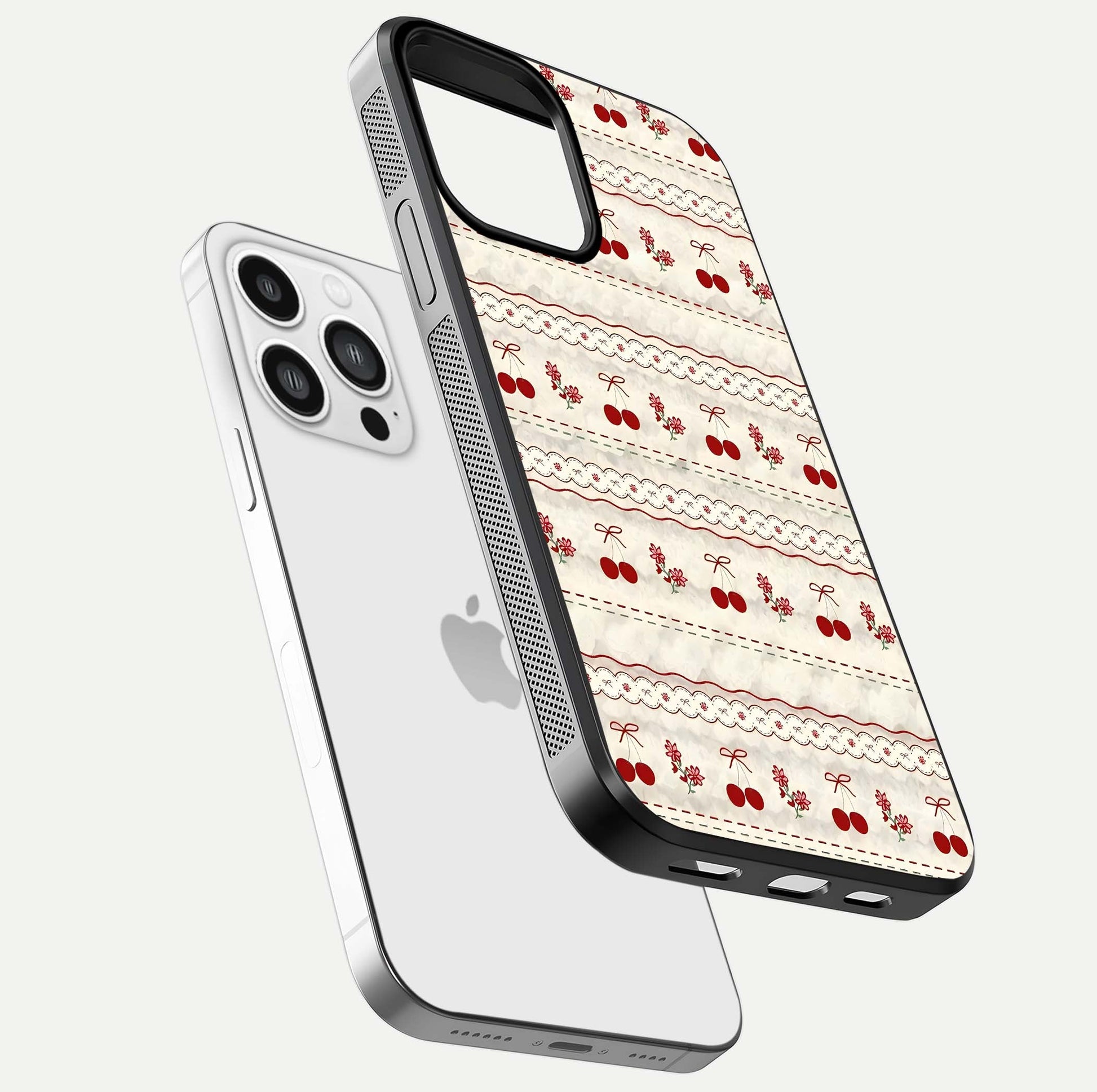 Cherry Bloom Charm Glass Case for iPhone 13 Pro Max floating mockup showing bloom texture and polished gloss