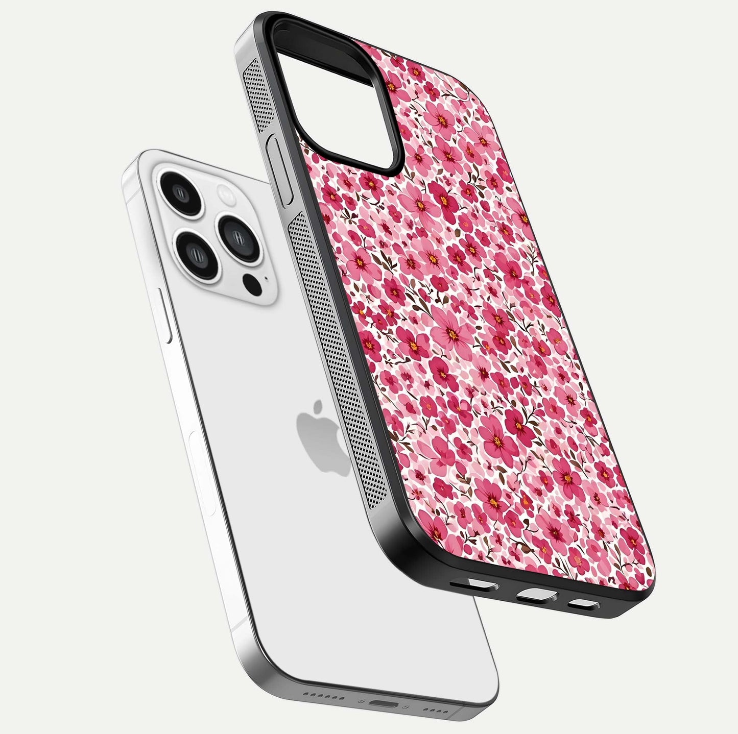Cherry Blossom Charm Glass Case for iPhone 13 Pro Max floating mockup displaying pink tone flow and polished edges
