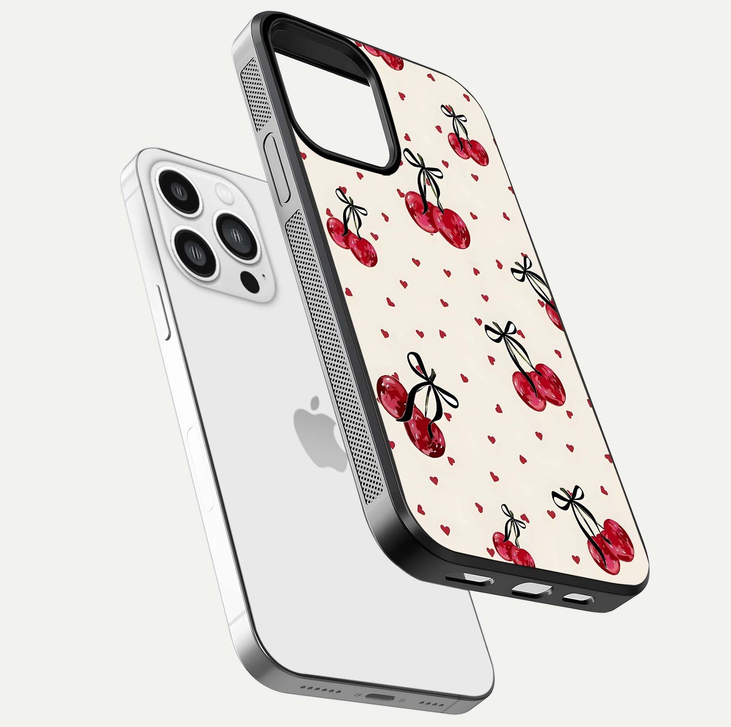 Cherry Heart Bow Glass Case for iPhone 13 Pro Max floating mockup showing reflection and HD print detail