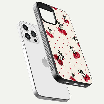 Cherry Heart Bow Glass Case for iPhone 13 Pro Max floating mockup showing reflection and HD print detail