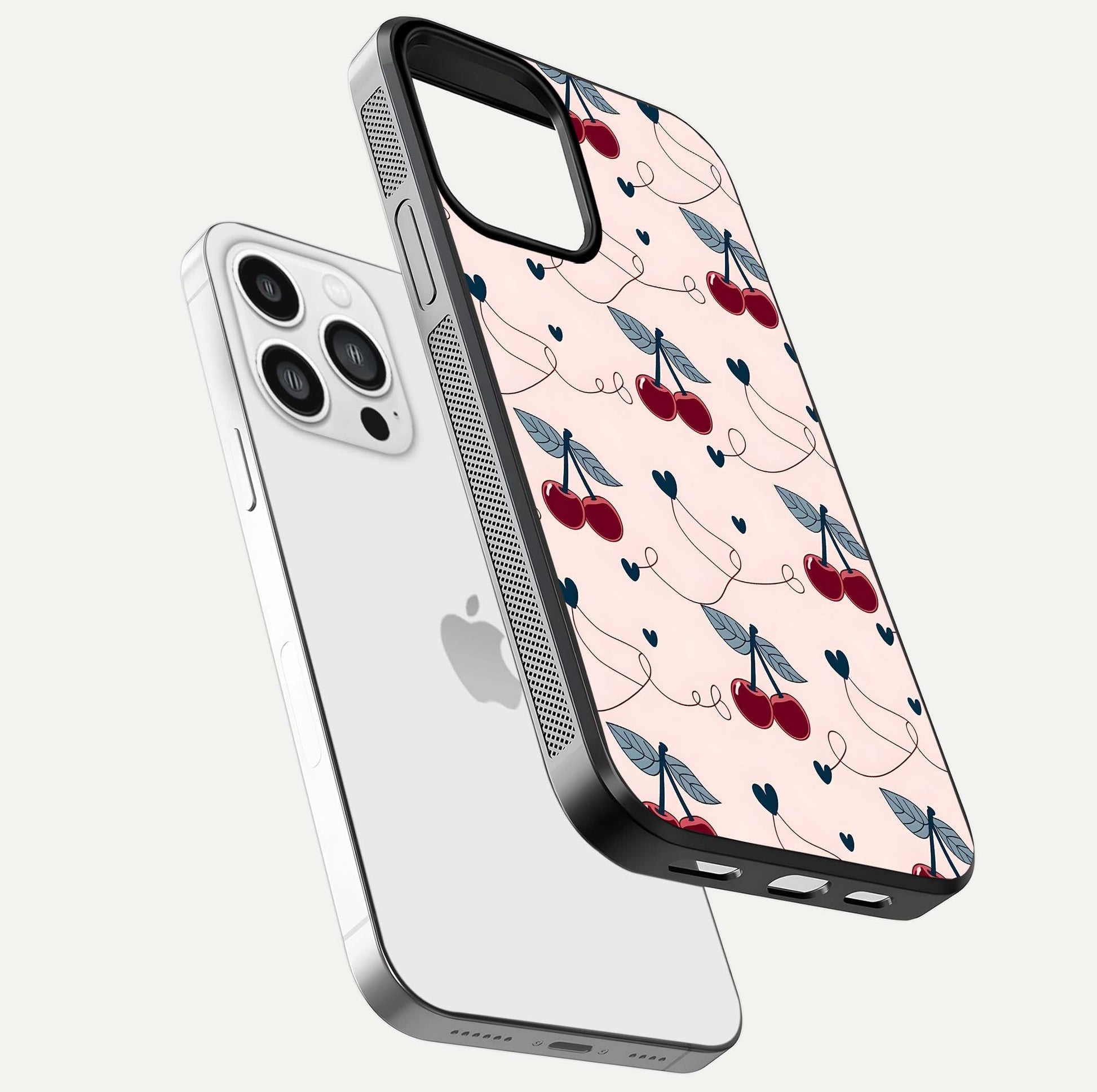 Cherry Heart Line Glass Case for iPhone 13 Pro Max floating mockup showing gloss polish and bright tones
