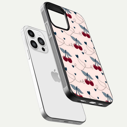 Cherry Heart Line Glass Case for iPhone 13 Pro Max floating mockup showing gloss polish and bright tones