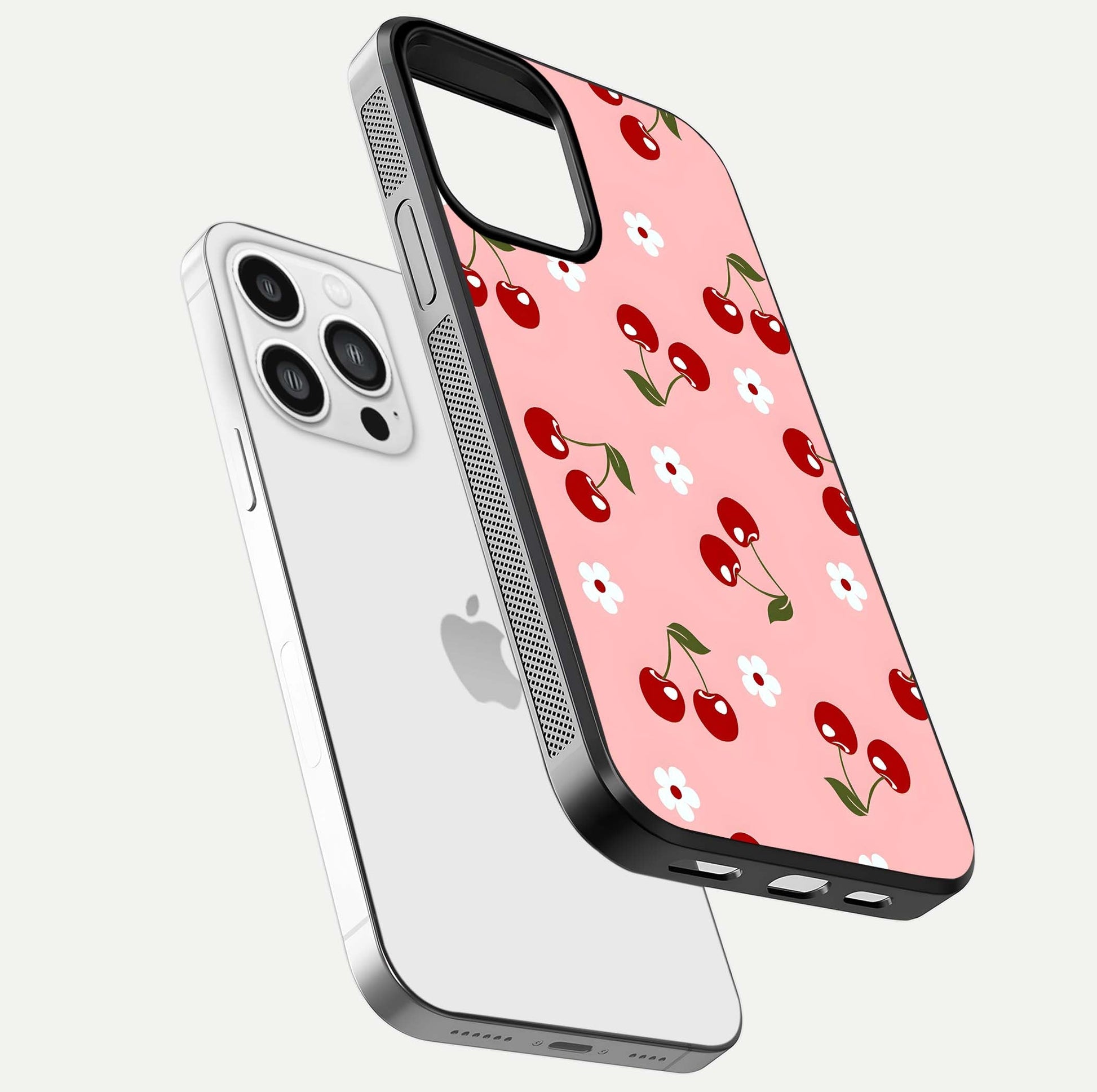 Cherry Love Mood Glass Case for iPhone 13 Pro Max floating mockup showing HD gloss reflection and red tones