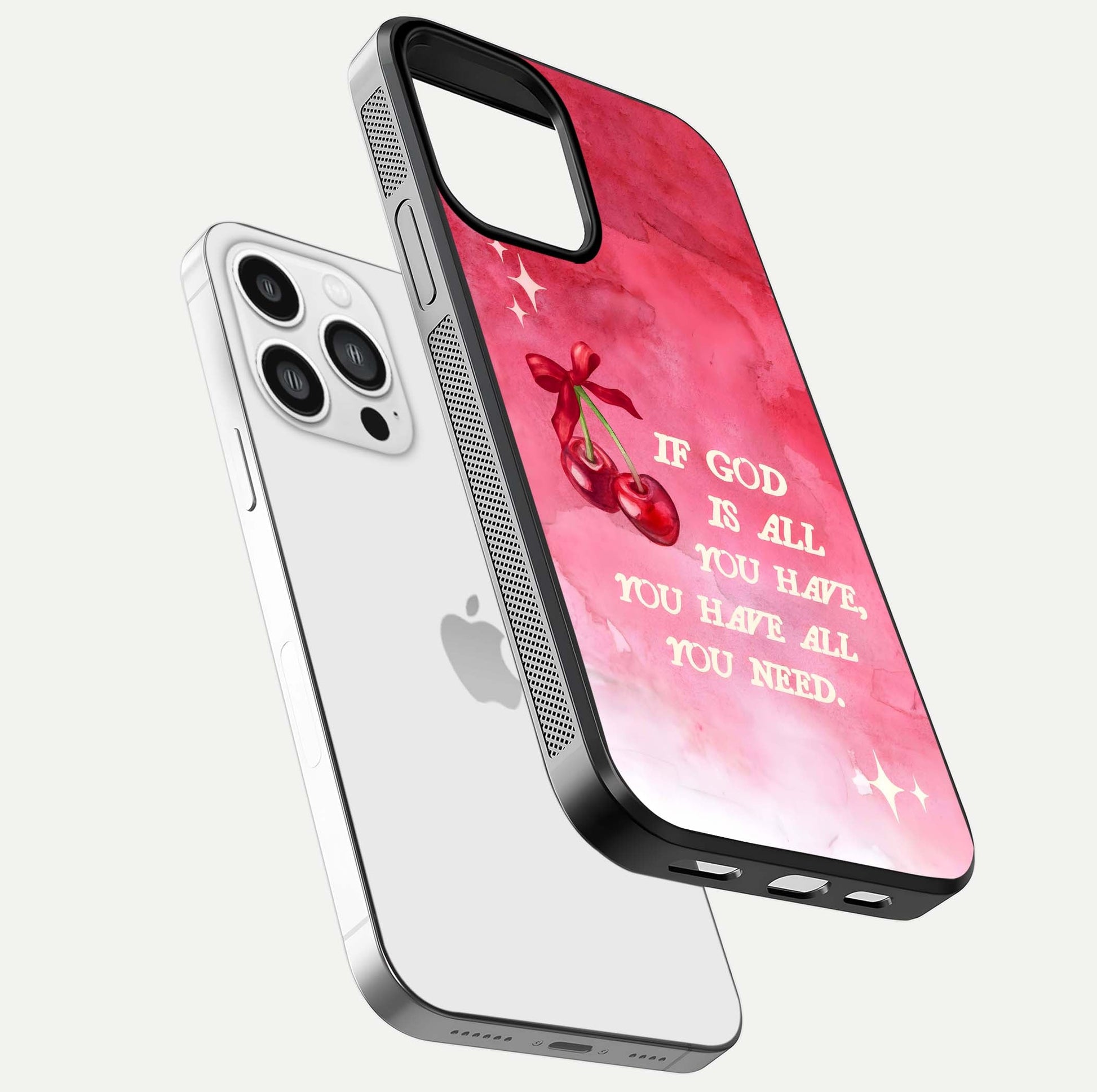 Cherry Quote Glass Case for iPhone 13 Pro Max floating mockup capturing shine texture and clear typography