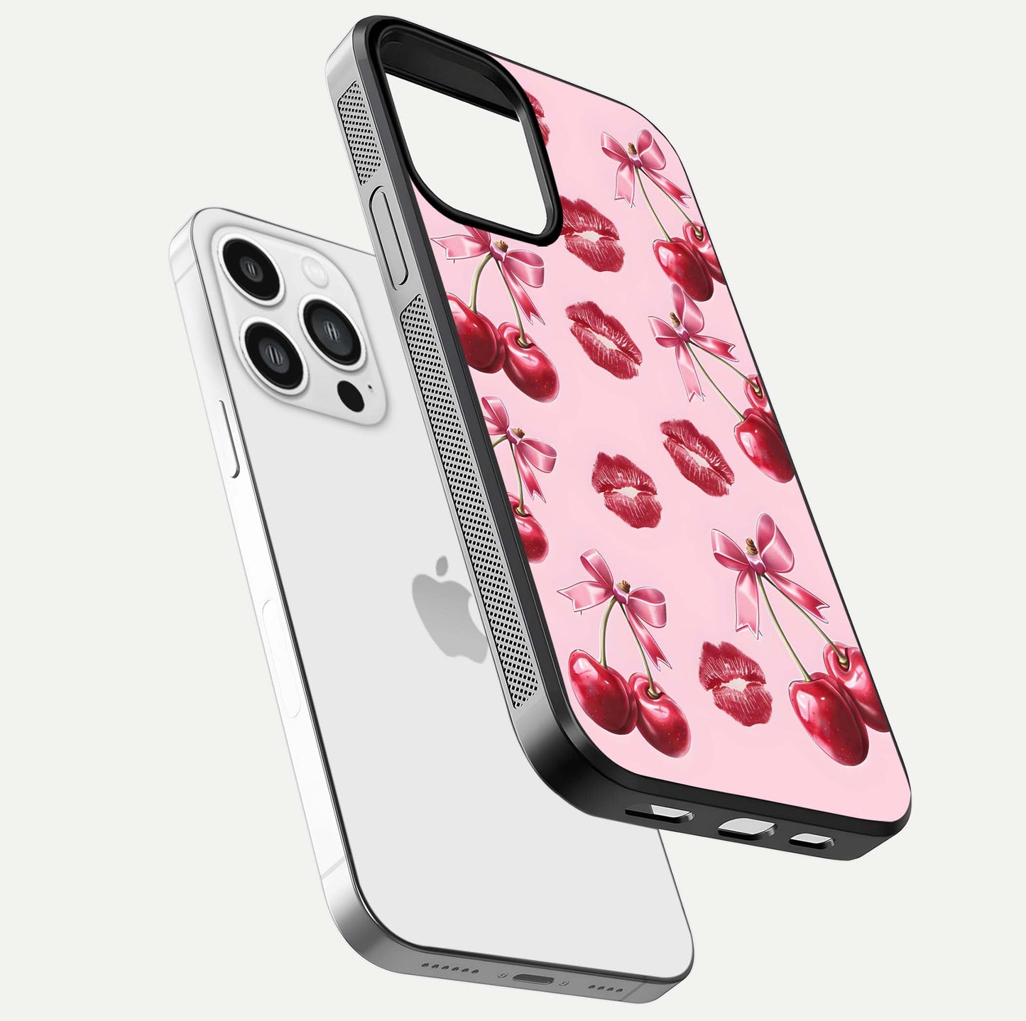 Cherry With Lips Glass Case for iPhone 13 Pro Max floating mockup showing HD gloss and pop-art inspired tones