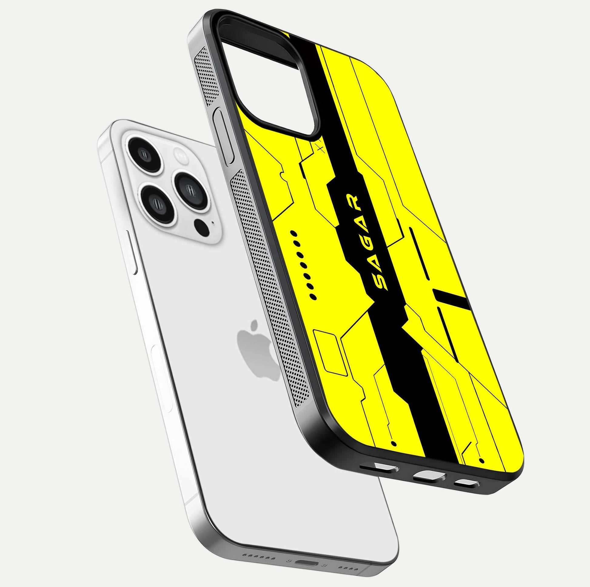 Circuit CYBERPUNK Custom Name Glass Case for iPhone 13 Pro Max floating mockup capturing glow effects and polished shine