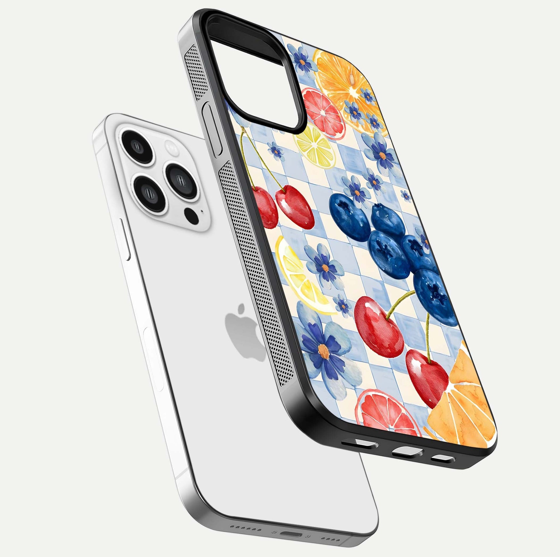 Citrus Bloom Joy Glass Case for iPhone 13 Pro Max floating mockup showing HD gloss and lively tone