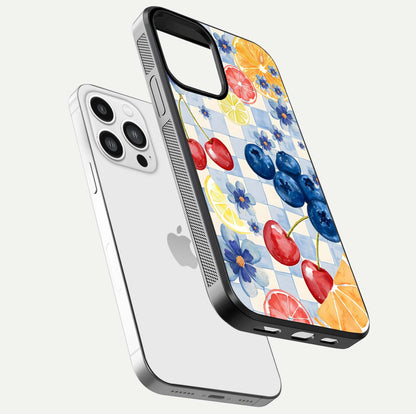 Citrus Bloom Joy Glass Case for iPhone 13 Pro Max floating mockup showing HD gloss and lively tone