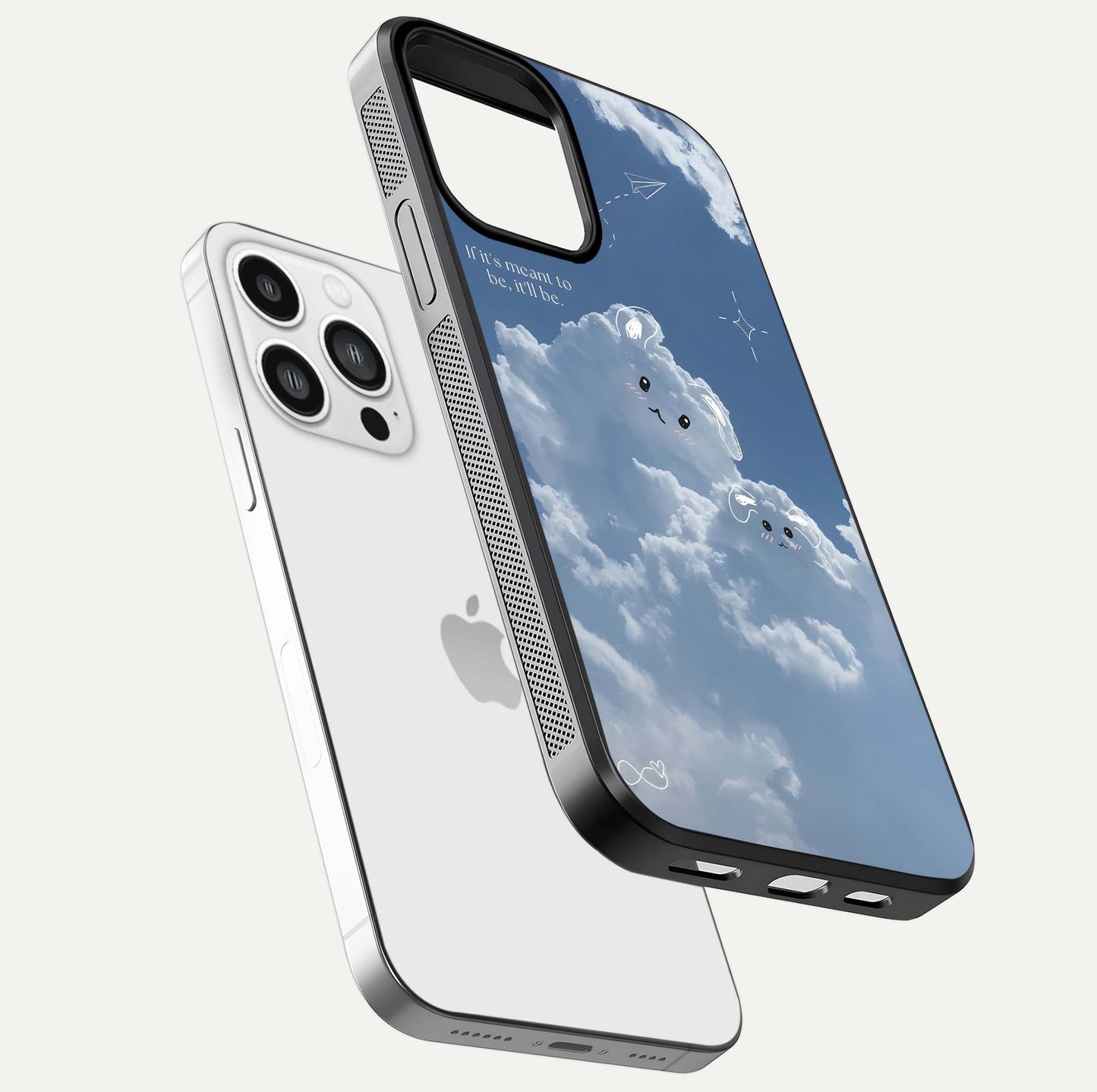 Cloud Bunny Dreams Glass Case for iPhone 13 Pro Max floating mockup showing soft gradient and gloss reflection