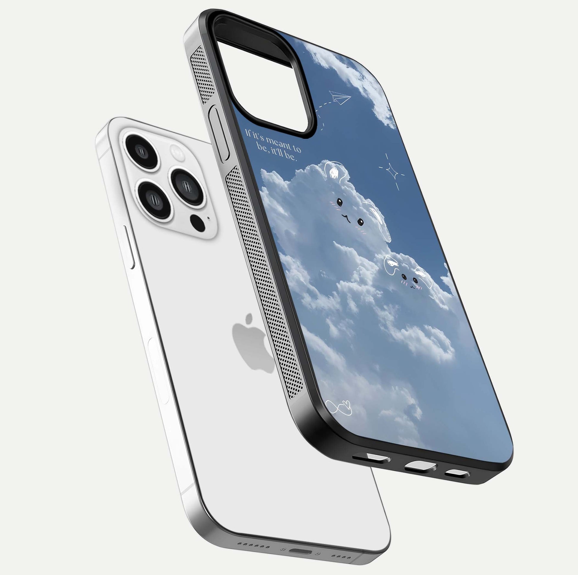 Cloud Bunny Dreams Glass Case for iPhone 13 Pro Max floating mockup showing soft gradient and gloss reflection