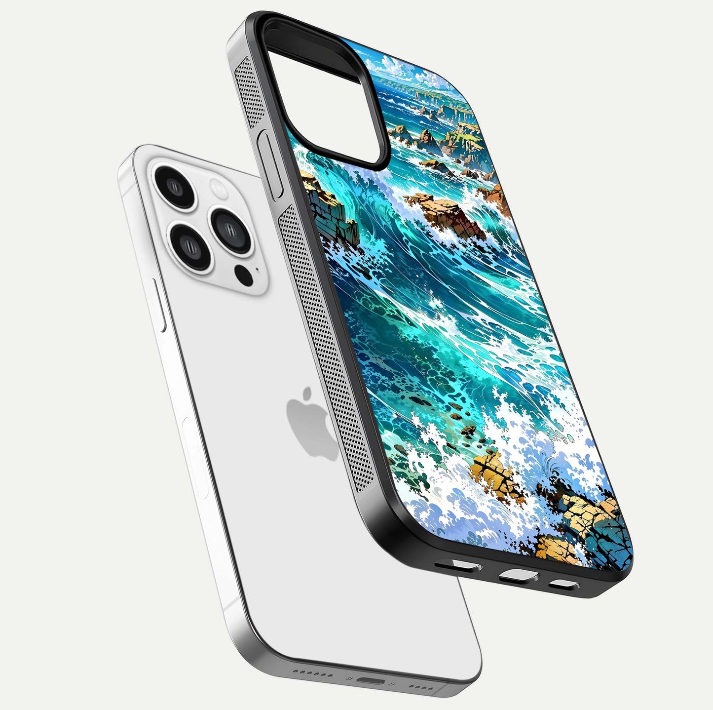 Coastal Blue Waves Glass Case for iPhone 13 Pro Max floating mockup showing HD reflection and wave details