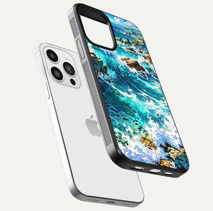 Coastal Blue Waves Glass Case for iPhone 13 Pro Max floating mockup showing HD reflection and wave details