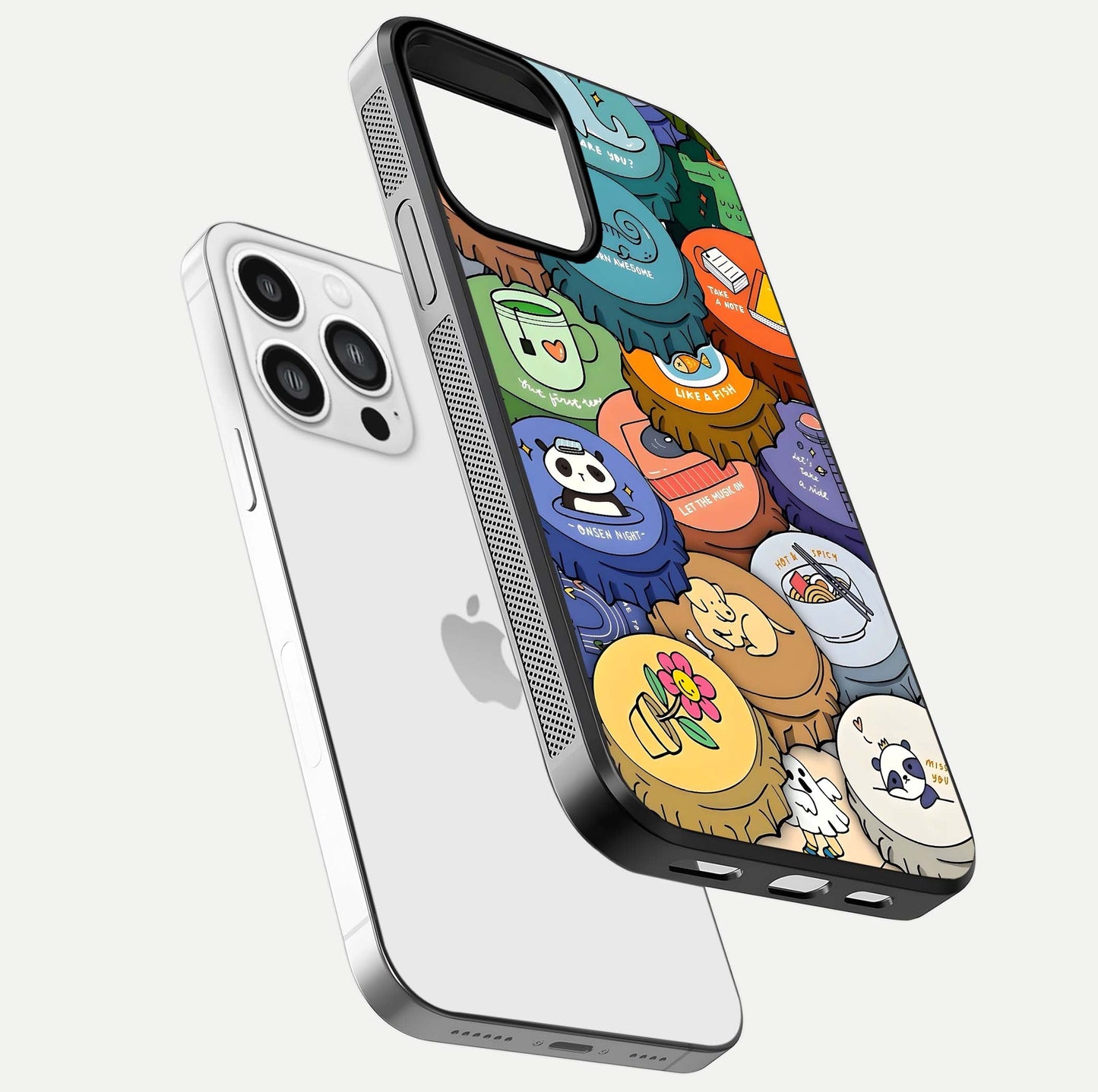 Coins Patterns Glass Case for iPhone 13 Pro Max floating mockup showing reflection depth and smooth tone