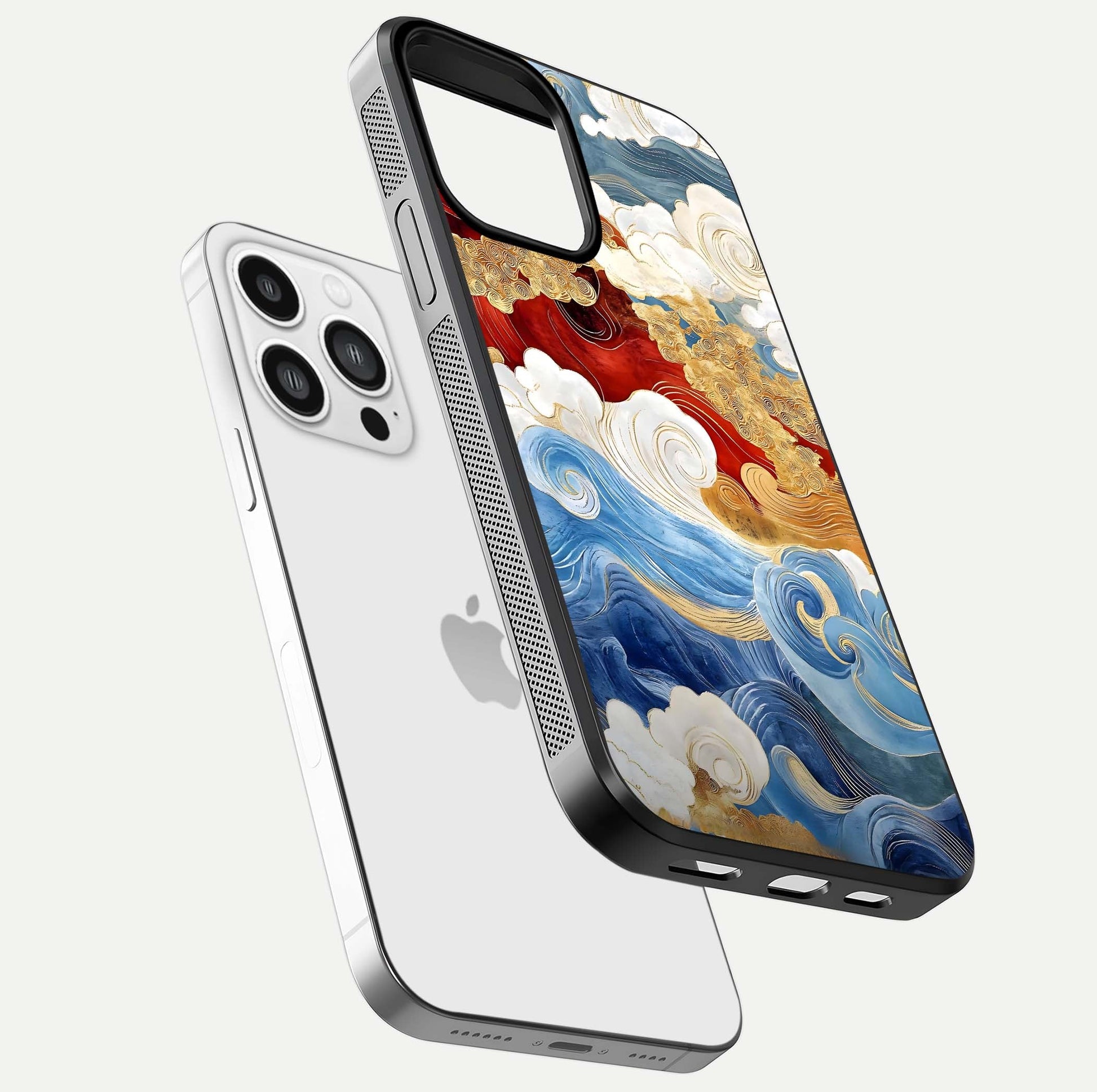 Colored Waves Glass Case for iPhone 13 Pro Max floating dual-view mockup displaying gloss finish and color contrast