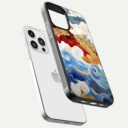 Colored Waves Glass Case for iPhone 13 Pro Max floating dual-view mockup displaying gloss finish and color contrast