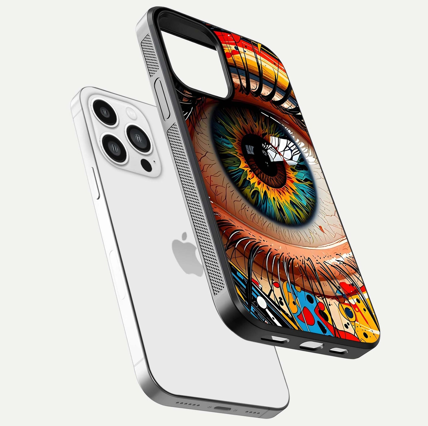 Colorful Eye Glass Case for iPhone 13 Pro Max floating mockup showing bright contrast and gloss clarity