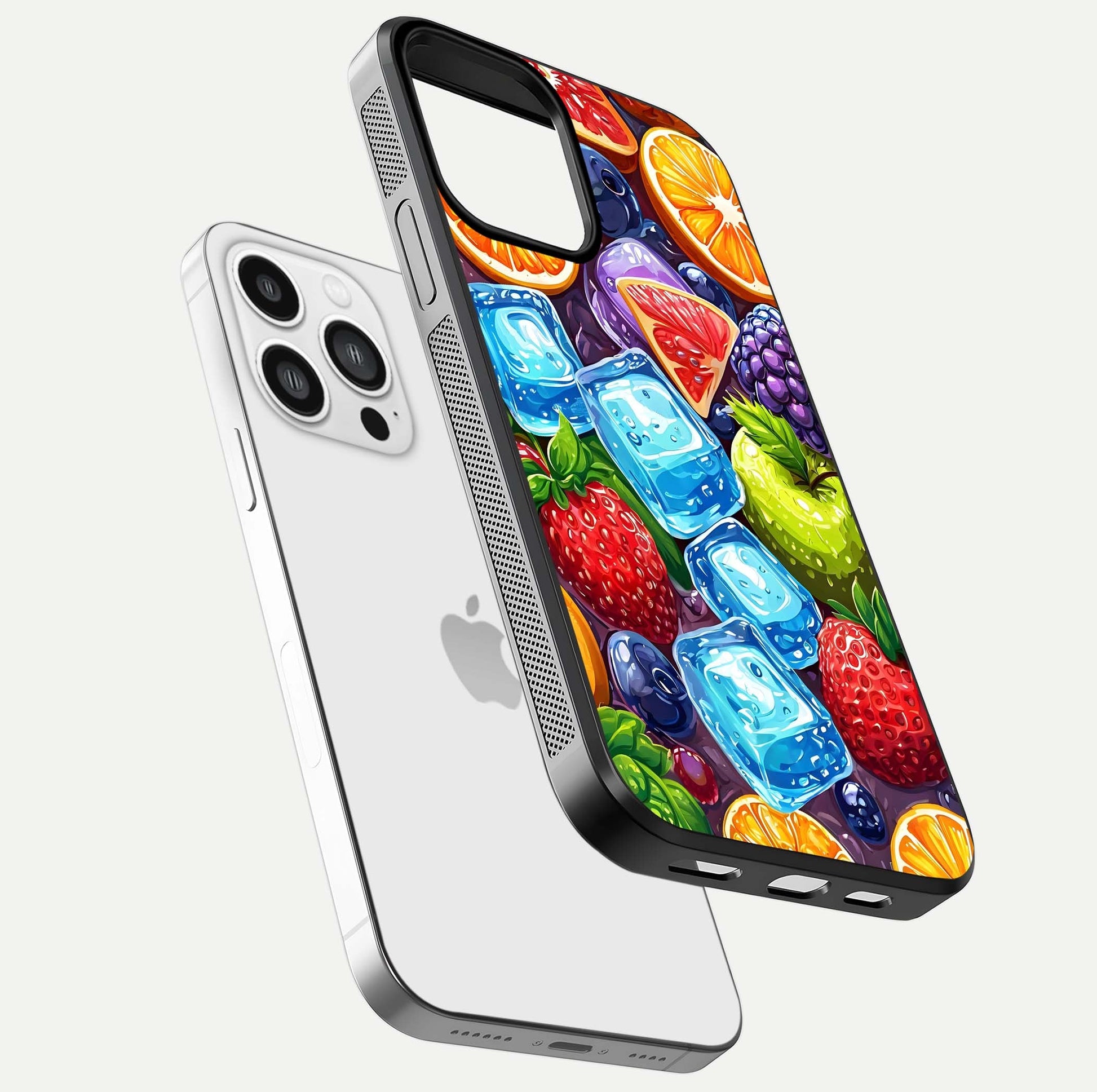 Colorful Fruits with Ice Glass Case for iPhone 13 Pro Max floating mockup showing bright shine and crystal clarity