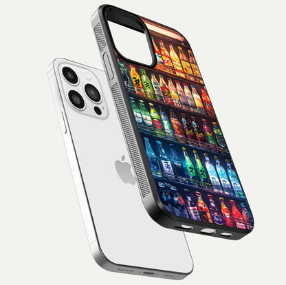 Colorful Soda Bottles Glass Case for iPhone 13 Pro Max floating mockup showing light reflection and bright gloss