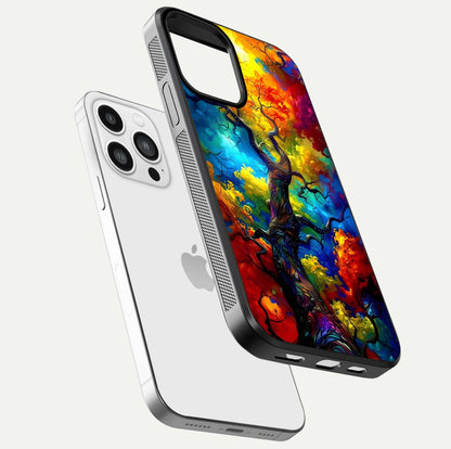 Colorful Tree Glass Case for iPhone 13 Pro Max floating mockup showing reflection gloss and vivid hues