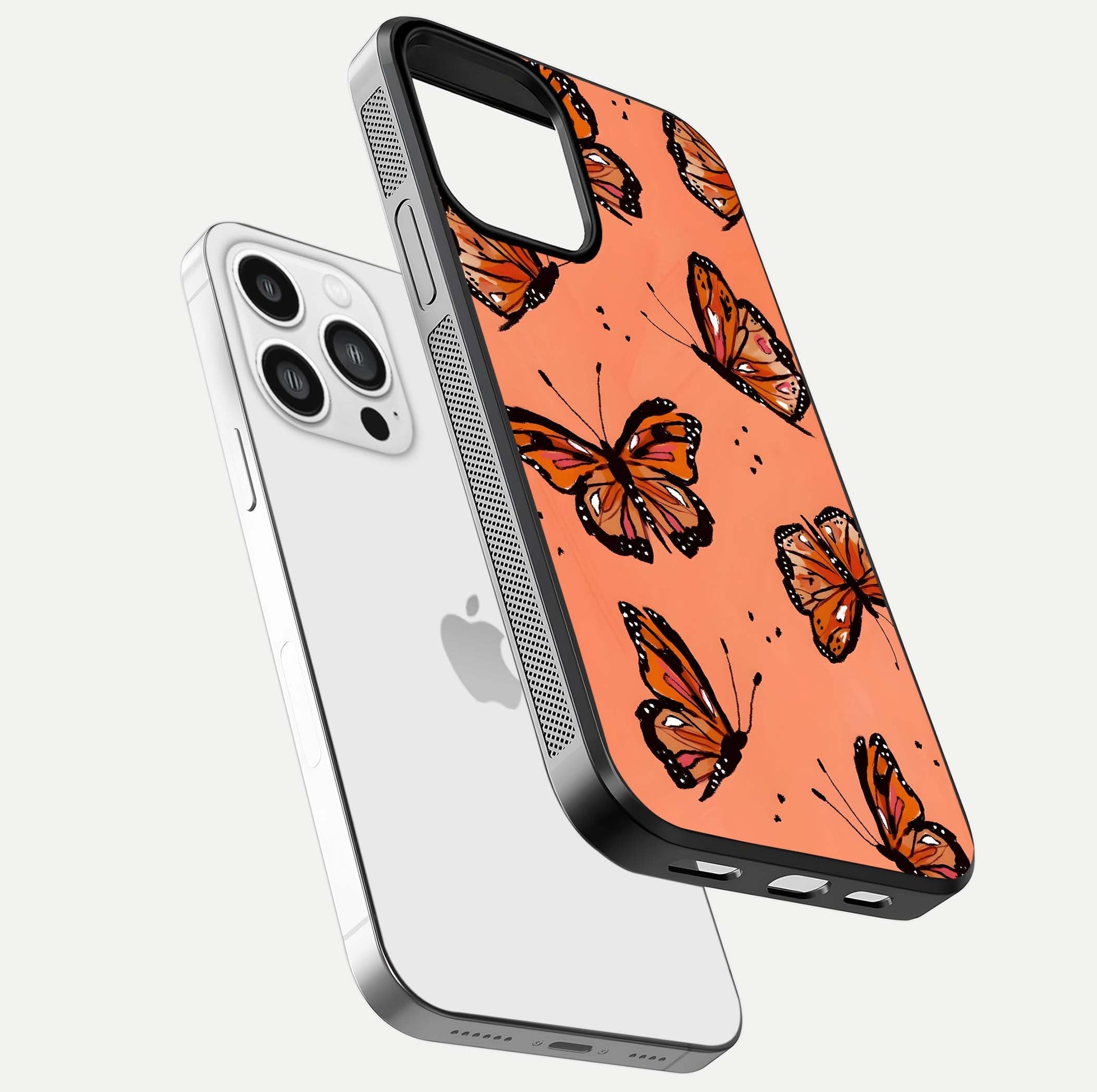 Coral Wing Butterfly Glass Case for iPhone 13 Pro Max floating mockup showing HD gloss texture and vivid coral color