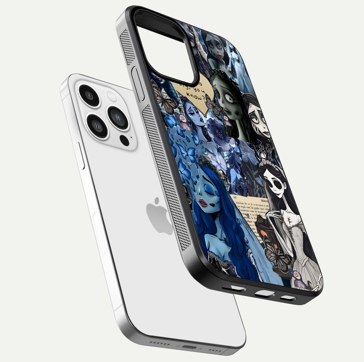 Corpse Bride Posters Glass Case for iPhone 13 Pro Max floating mockup showing shine texture and clear design