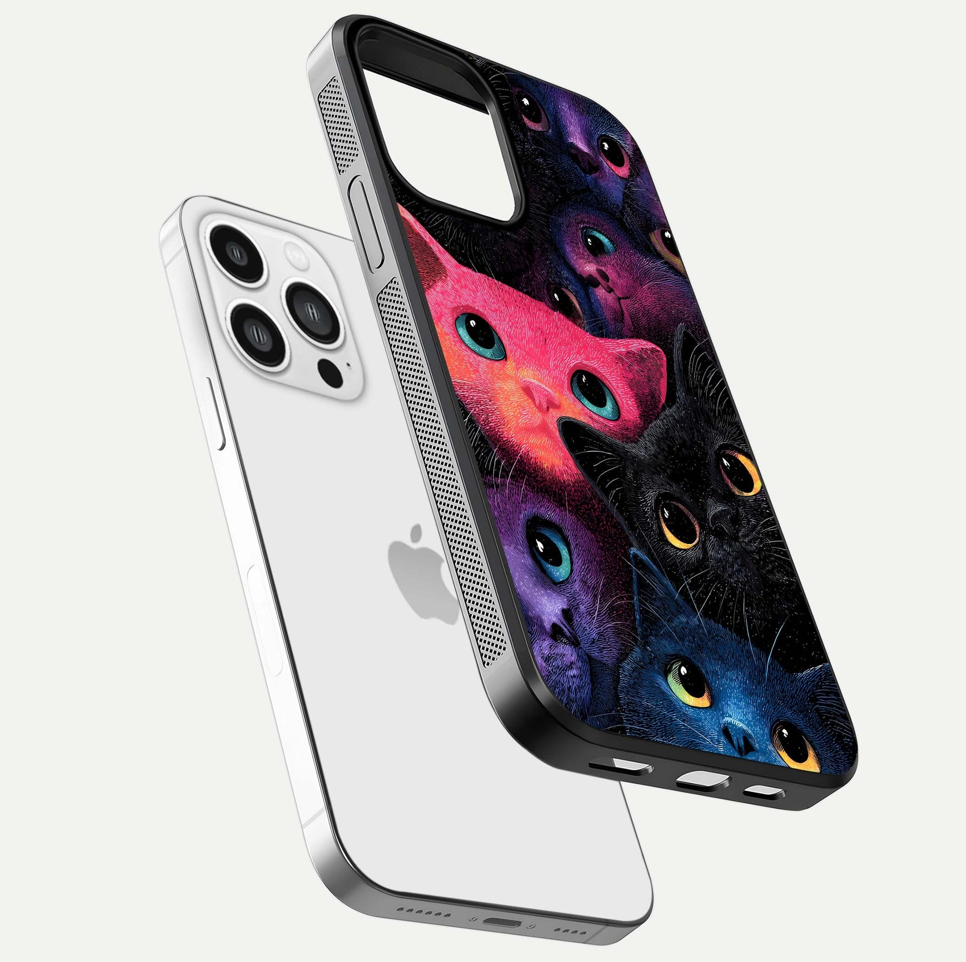 Cosmic Cats Dreams Glass Case for iPhone 13 Pro Max floating mockup showing star details and polish reflection