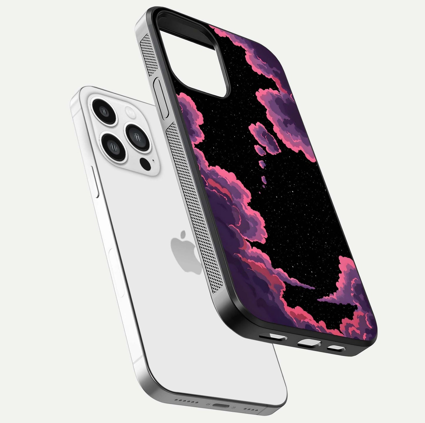 Cosmic Cloud Journey Glass Case for iPhone 13 Pro Max floating mockup showing HD gloss and cosmic gradient