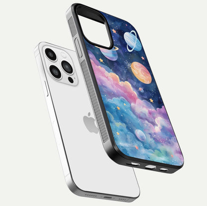 Cosmic Planet Dreams Glass Case for iPhone 13 Pro Max floating mockup showing HD gloss and cosmic reflection
