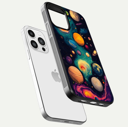 Cosmic Planet Journey Glass Case for iPhone 13 Pro Max floating mockup showing gloss gradient and deep shine