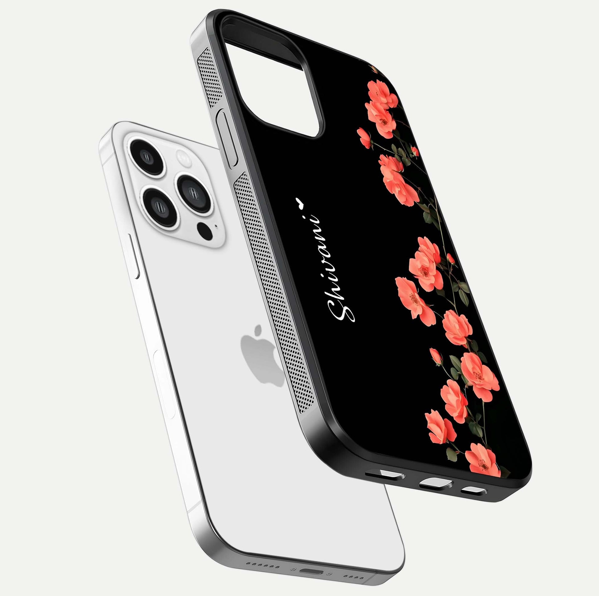Crimson Bloom Grace Custom Name Glass Case for iPhone 13 Pro Max floating mockup showing HD gloss and floral tones