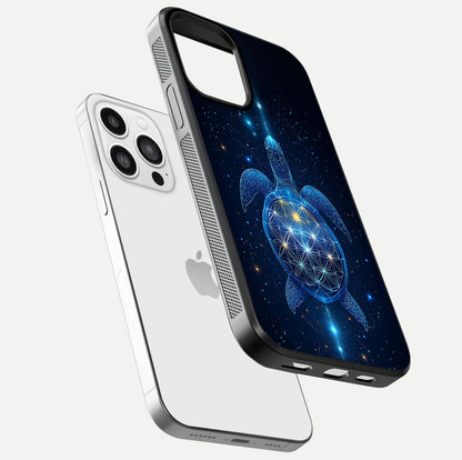 Crimson Blue Turtle Glass Case for iPhone 13 Pro Max floating mockup showing reflection polish and deep hues