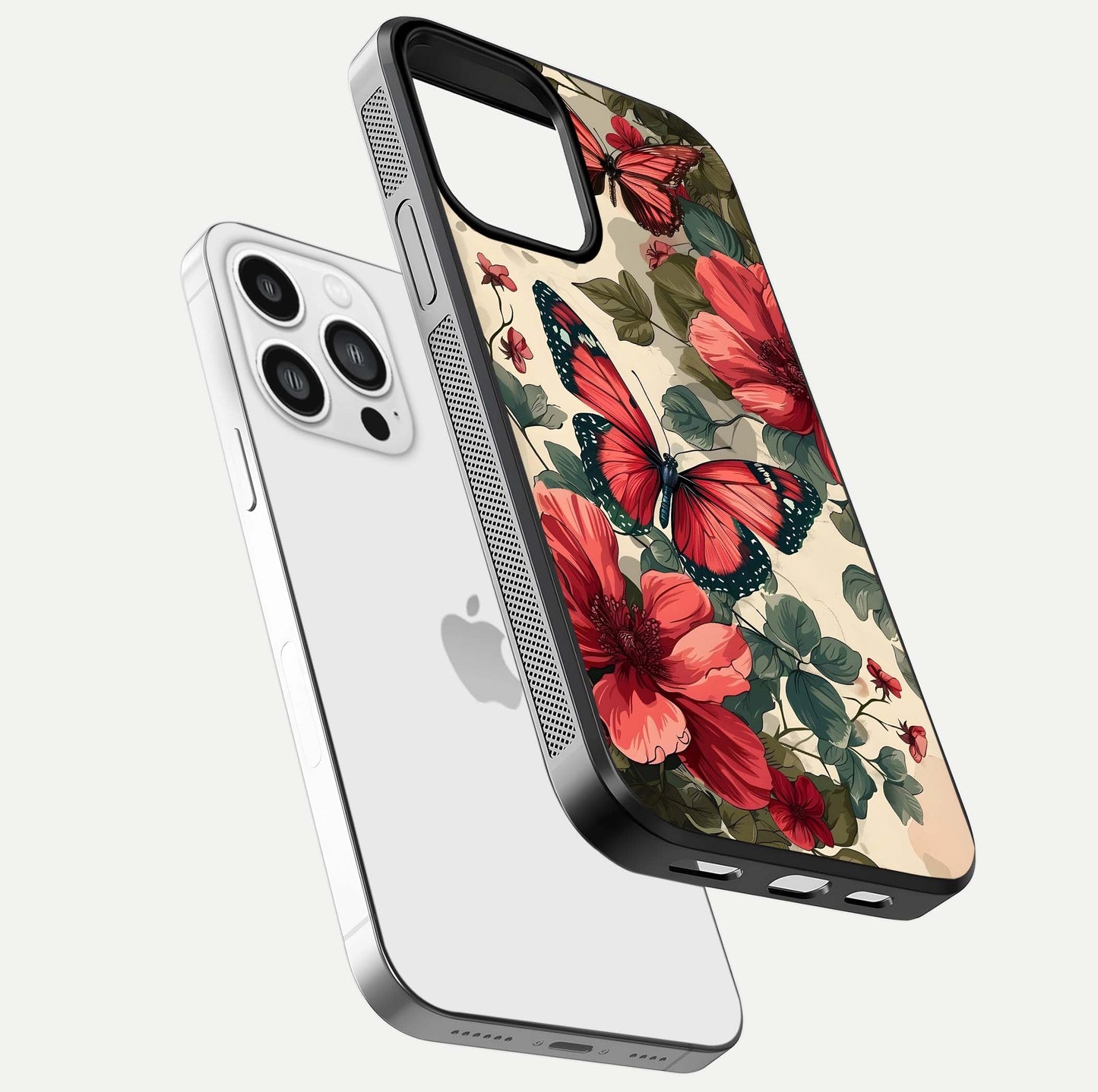Crimson Butterfly Garden Glass Case for iPhone 13 Pro Max floating mockup showing HD gloss and vivid art
